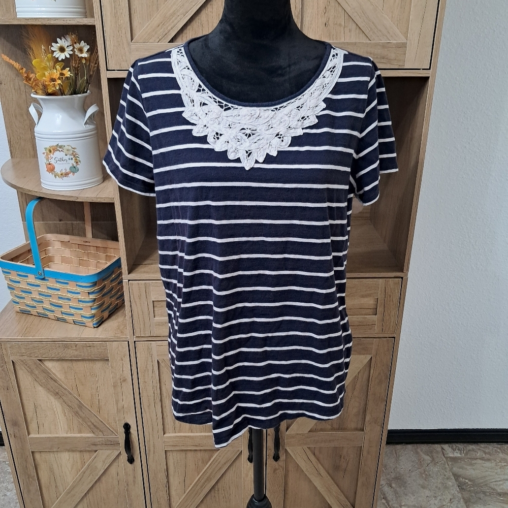 Talbots T-shirt Navy Blue & White Striped Crochet Lace Accent Short Sleeve
